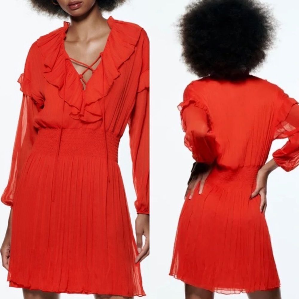 Zara short ruffled dress red smocked bloggers favorite
